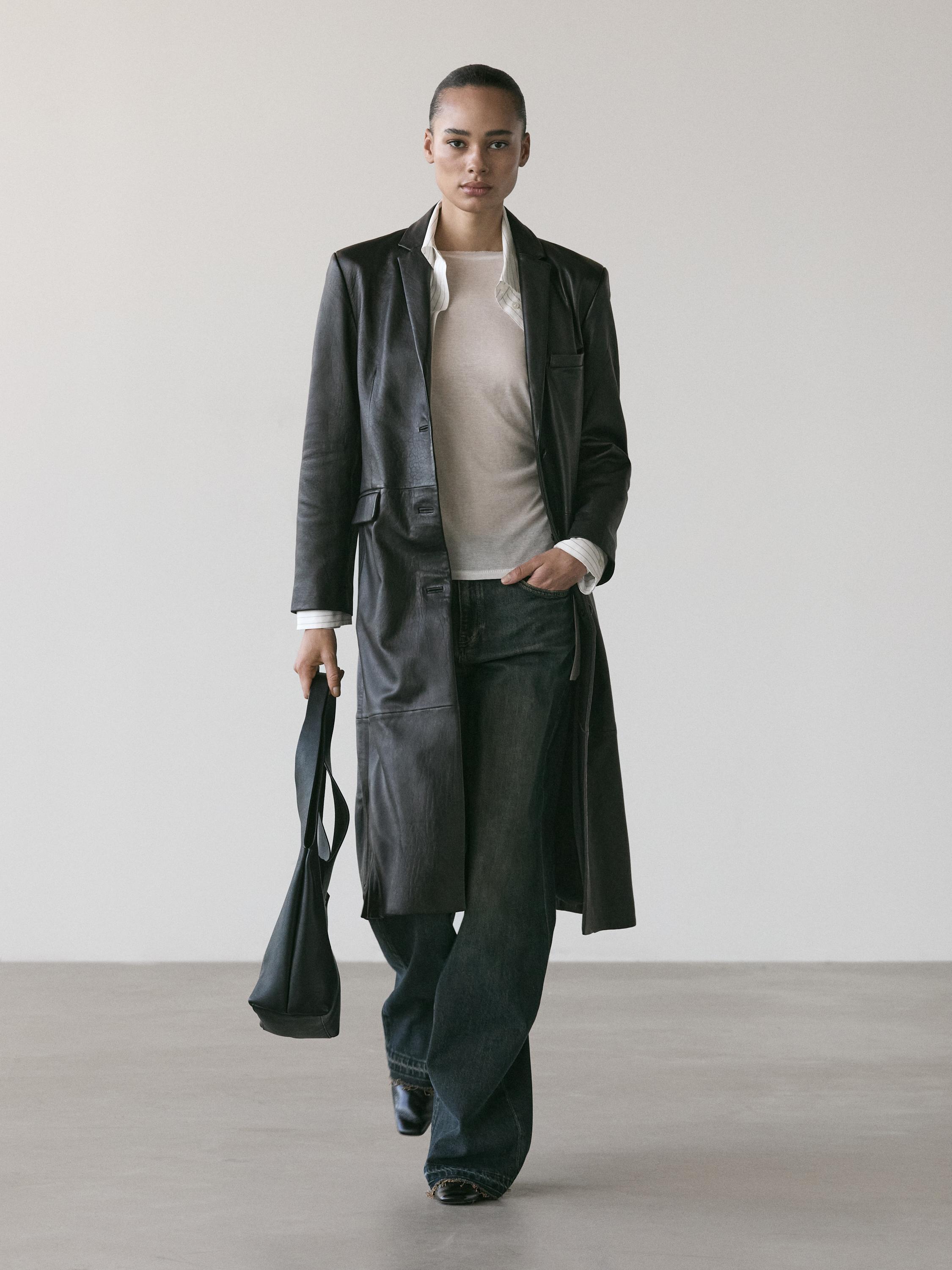 Manteau long en cuir nappa